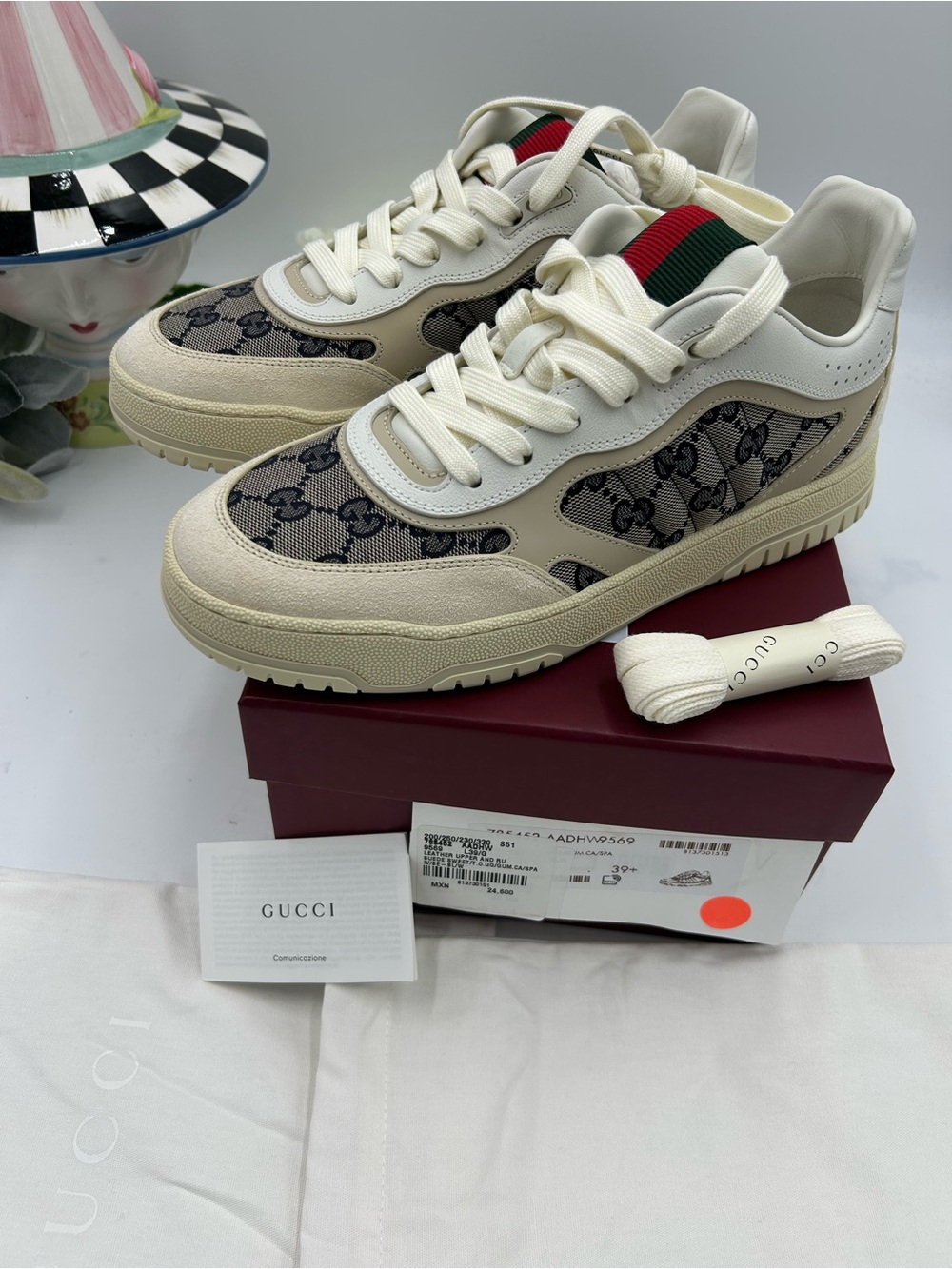 Women's Gucci Cream and Beige GG Canvas Low-Top Sneakers with Red-Green Web 39.5 - Picture 5 of 11